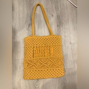 Mustard Yellow Macramé Tote Bag | Boho Woven Shoulder Bag